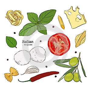 Set with hand drawn illustrations of food. Italian cuisine.