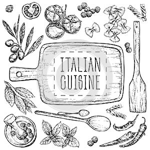 Set with hand drawn illustrations of food. Italian cuisine. Perfect for menu, cards, blogs, banners. vector illustration in vintag photo