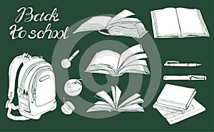 Set of  hand drawn ink and inverted  sketch with books, school items and lettering. White elements on dark green background.