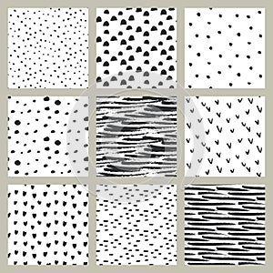 Set of hand drawn ink seamless patterns. Endless vector backgrounds