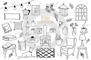 set of hand drawn interior icons for winter. hygge  illustration set.