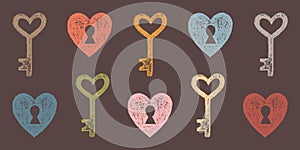 Set of Hand-drawn Isolated Objects Hearts and Keys of Different Colors. Style of Children\'s Drawing