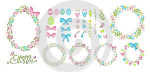 Set of hand drawn isolated vector elements in positive spring colors. Clip art for Easter design. Flowers, leaves