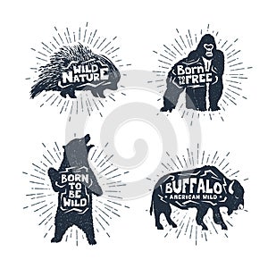 Set of hand drawn labels with animals vector illustrations and l