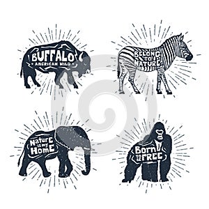 Set of hand drawn labels with animals vector illustrations and l