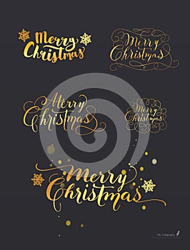 Set of Hand-Drawn Lettering based on a Nib and Brush Calligraphy. Snowflakes on the background. Merry Christmas. Vector.