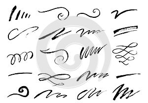 Set of hand drawn lettering and calligraphy swirls, squiggles. Vector ink decorations for composition