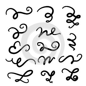 Set of hand drawn lettering and calligraphy swirls, squiggles. Vector ink decorations for composition