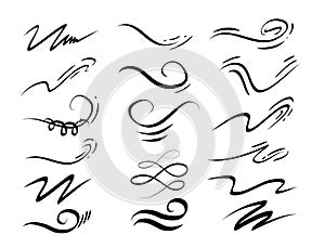 Set of hand drawn lettering and calligraphy swirls, squiggles. Vector ink decorations for composition