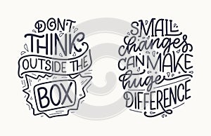 Set with hand drawn lettering quotes in modern calligraphy style about business motivation. Inspiration slogans for