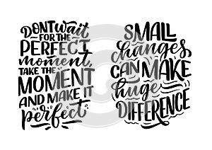 Set with hand drawn lettering quotes in modern calligraphy style about business motivation. Inspiration slogans for