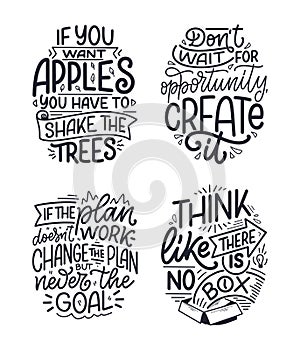 Set with hand drawn lettering quotes in modern calligraphy style about business motivation. Inspiration slogans for