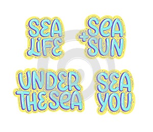 Set of hand-drawn lettering with sea phrases. photo