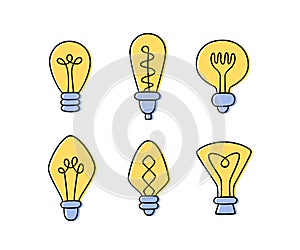 Set of hand drawn Light Bulbs. Collection of different yellow loft lamps in doodle style