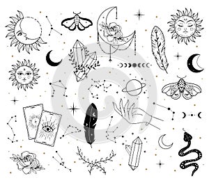 Set of hand drawn line art mystical magic elements