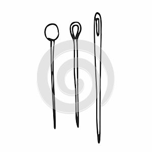 Set of hand drawn line sketches of needles for tailors, sewers isolated on white bg in doodle style