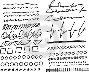 Set of hand drawn lines, sketch strokes, doodles and design elements isolated on white. Doodle style brushes. Monochrome