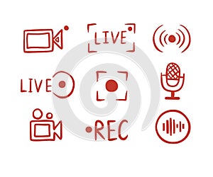 Set hand drawn live streaming doodle icons. Video broadcasting Button, red symbols. TV, news, shows