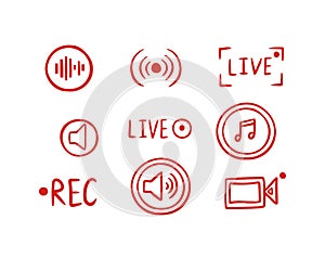 Set hand drawn live streaming doodle icons. Video broadcasting Button, red symbols. TV, news, shows