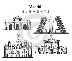 Set of hand-drawn Madrid buildings, elements sketch vector illustration