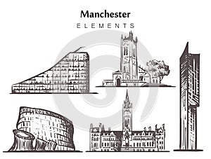 Set of hand-drawn Manchester buildings elements sketch vector illustration photo