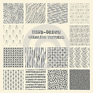 Set of hand drawn marker and ink seamless patterns.