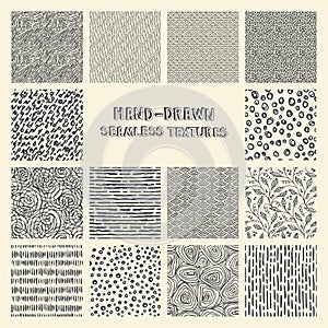 Set of hand drawn marker and ink seamless patterns.