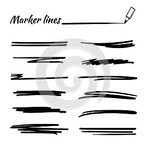 Set of hand drawn marker strokes, underlines.Collection of doodle style various strips. Art lines.Isolated on white.Vector