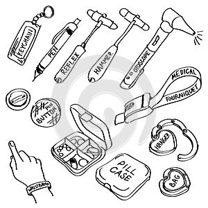 Set of hand drawn medical supplies doodles isolated on a white background.