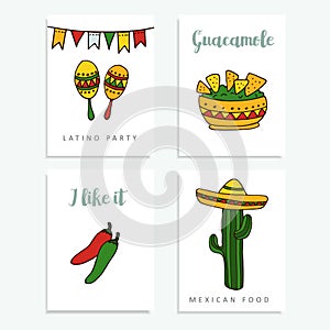 Set of hand drawn mexican cards for invitations or restaurant menu, doodle illustratios