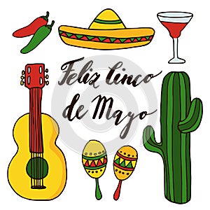 Set of hand drawn mexican icons for cinco de mayo holiday, isolated doodle illustrations