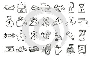 Set of hand drawn money related icons. Vector doodle illustrations with money, finance and commerce related subjects