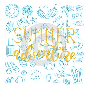 Set of hand drawn monochrome beach objects. Vector summer travel doodle elements collection with lettering background