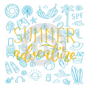 Set of hand drawn monochrome beach objects. Vector summer travel doodle elements collection with lettering background photo