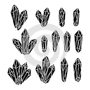 Set of hand drawn monochrome quartz crystals.