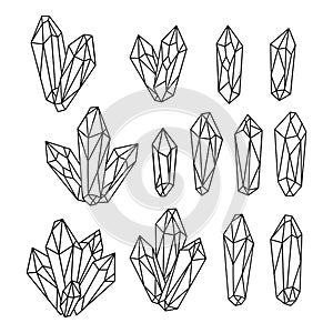 Set of hand drawn monochrome quartz crystals.