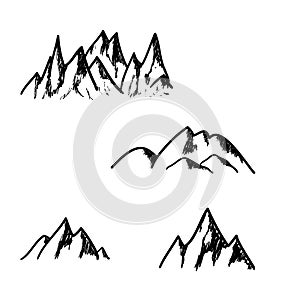 Set of hand drawn mountains isolated on white background,