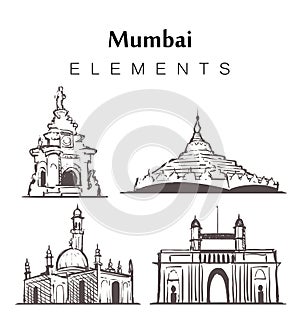 Set of hand-drawn Mumbai buildings, elements sketch vector illustration
