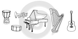 Set of Hand drawn music doodles, instruments isolated on white background. vector illustration