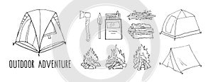 Set of hand drawn objects isolated on white. Backpacking. Hiking and camping tourist tent, campfire, brushwood, firewood