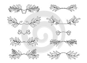 Set of hand drawn olive borders in minimal line art style, floral text dividers for label