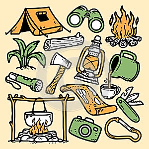 Set of hand drawn outdoor camping elements