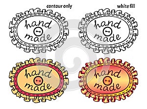 Set of hand drawn oval textile patches with frills, seam, button and handwritten inscription `hand made`