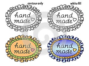 Set of hand drawn oval textile patches with frills, seam, heart and handwritten inscription `hand made`