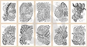 Set of hand drawn pages in zendoodle style for adult coloring book. Abstract marine and floral motifs with coral fishes