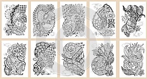 Set of hand drawn pages in zendoodle style for adult coloring book. Abstract marine and floral motifs with coral fishes photo