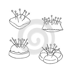 Set of hand-drawn pincushions with needles and pins.