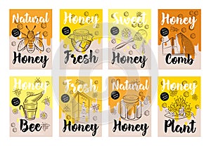 Set of hand-drawn posters with honey, bees.