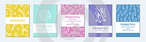 Set of hand drawn probiotics design for packaging and branding. Vector illustration in sketch style. Microscopic bacteria close-up