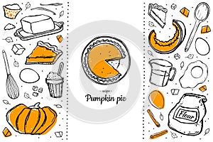Set hand drawn pumpkin pie and ingredients for cooking in white background. Doodle style